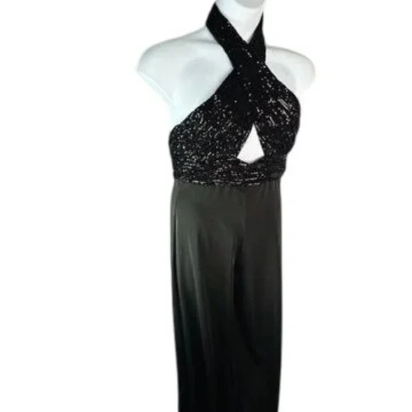 Mac Duggal Sequin Bodice Halter Wide Leg Formal Jumpsuit Open Back Size 6 NWT